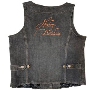 Harley-Davidson Women's‎ Denim Vest Black Embroidered Lined Button Front XL 2006